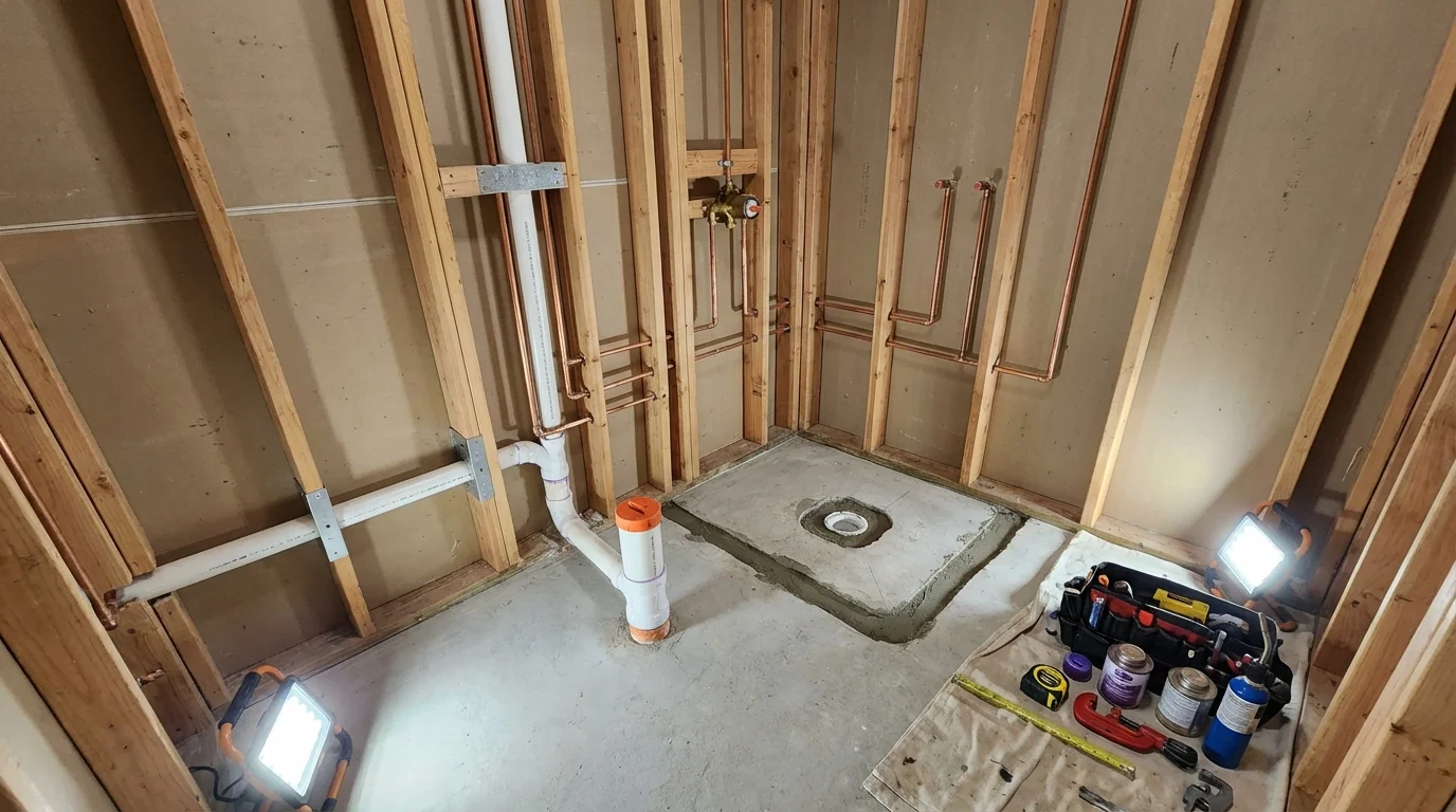 Bathroom rough-in plumbing during remodel by Johns Plumbing LLC in Eldridge