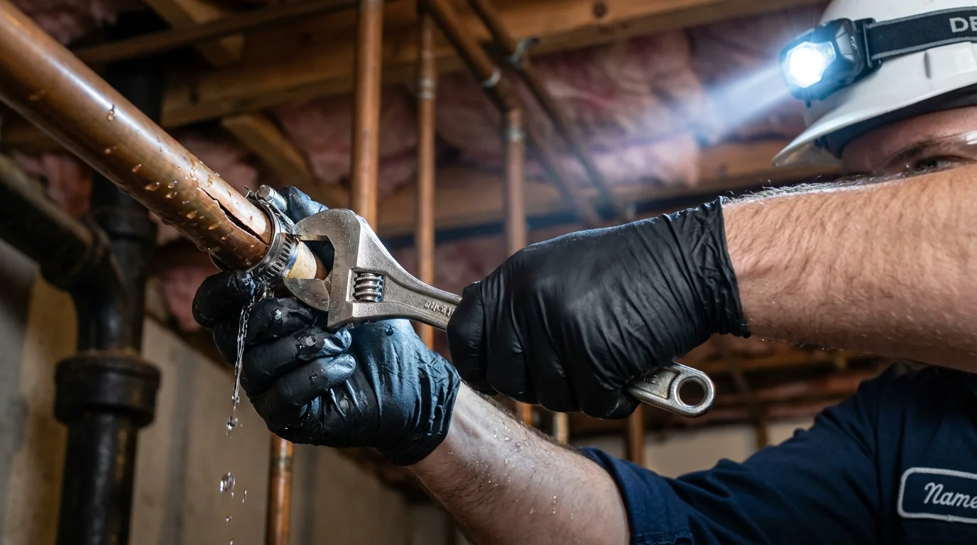 Emergency pipe clamp repair being performed by a Johns Plumbing LLC plumber in Eldridge