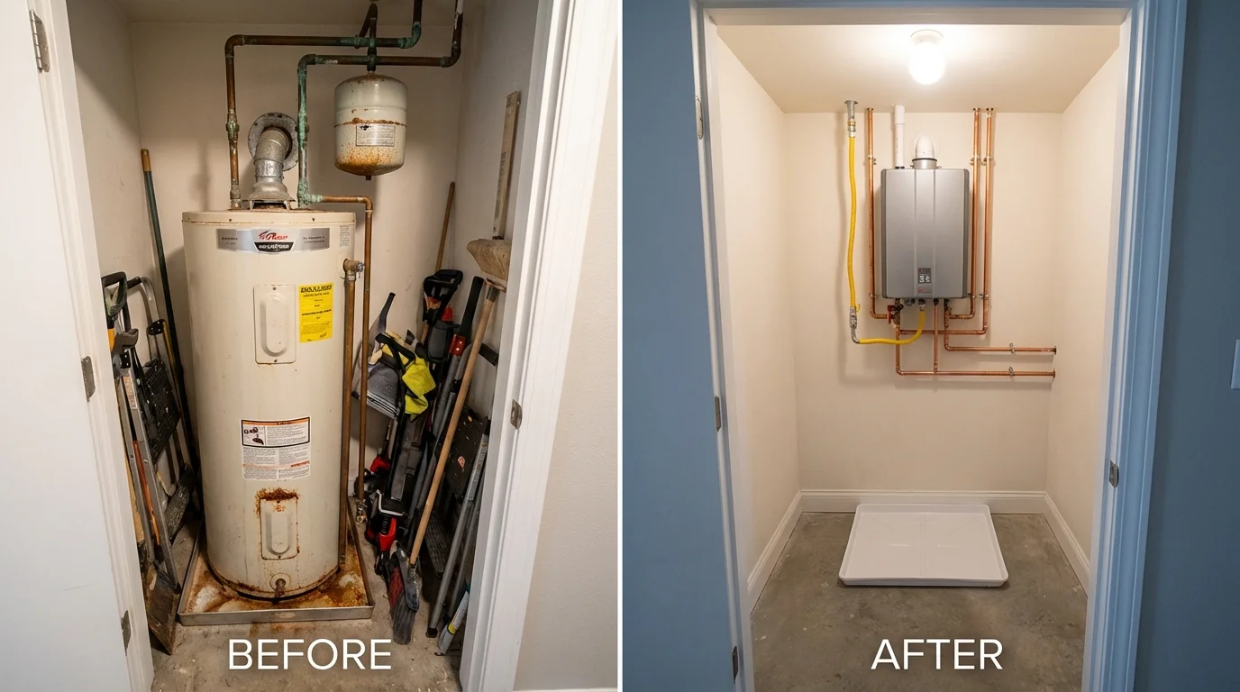 Tank water heater versus wall-mounted tankless unit comparison for Eldridge, IA homeowners
