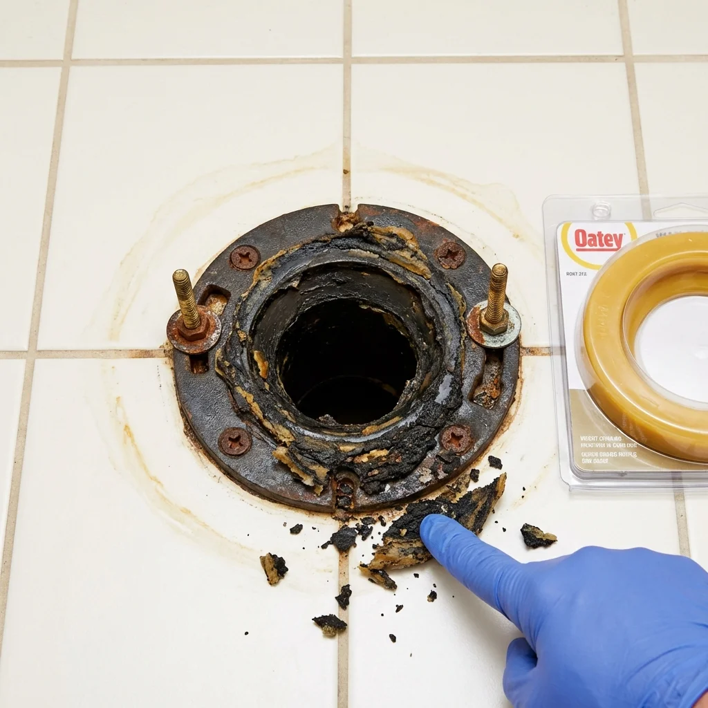 Failed wax ring showing water seepage at the base of a toilet in a Eldridge, IA home