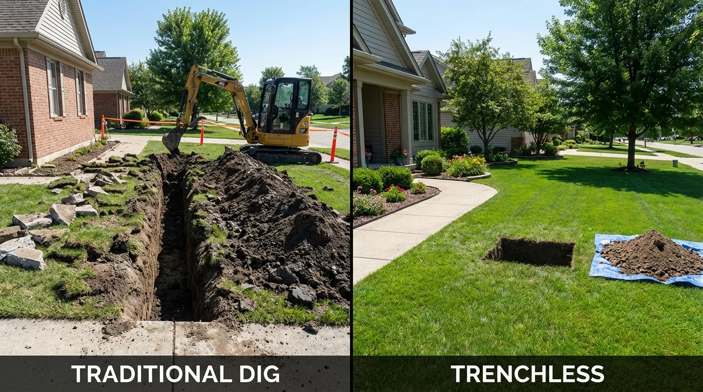 Trenchless sewer repair with minimal yard damage versus traditional excavation in Eldridge, IA