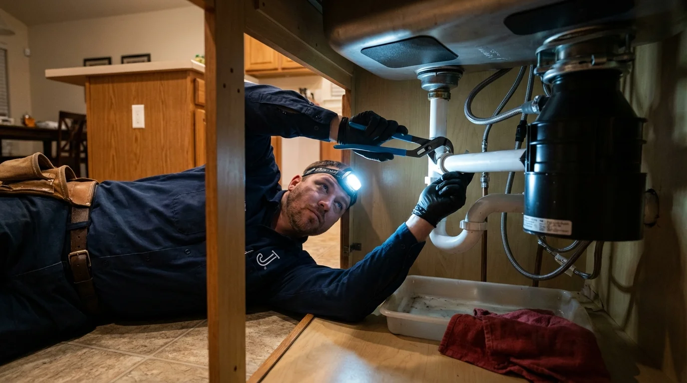 P-trap and supply line connections under a kitchen sink showing a common leak point in Eldridge, IA